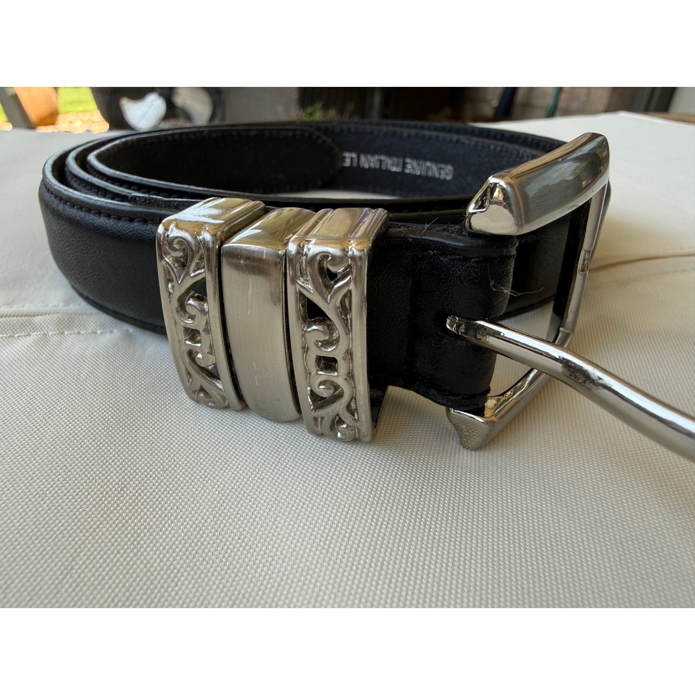 Silpada Designs Black Genuine Italian Leather Belt Silver Ornate Filigree Large